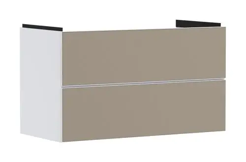 Waschtischunterschrank in Mattweiß mit zwei Schubkästen, ausgestattet für Waschtische. Marke Hansgrohe, schlichtes Design für Badezimmer.